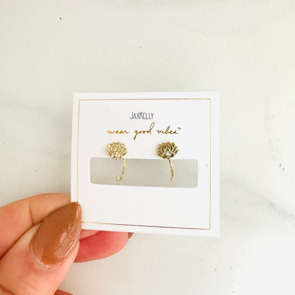 NEW ANTHROPOLOGIE Lotus Flower Icon 18kt Gold Tiny White CZ Stone Hoop Earring - Picture 7 of 9